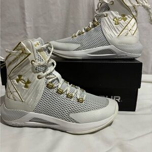 Under Armour Women's White & Gold High-Top Athletic Basketball Shoes